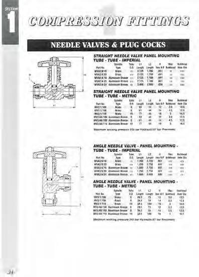 Compression Fittings PLUG COCKS & NEEDLE VALVES In-line configuration Enables connection of 2 tubes of the same outside diameter A simple needle valve of brass construction (with the exception of the