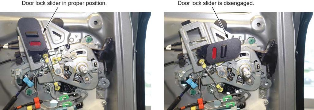 7. Make sure the door inner lock slider properly engages the bracket. If it is disengaged, disconnect the rod from the slider, reinstall the slider, then reconnect the rod. 8.