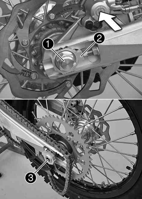 WHEELS, TIRES 79 12.3Removing the rear wheelx 500084-11 Lift the front wheel into the fork, position it, and insert the wheel spindle. Mount and tighten screw. Screw, front wheel spindle M24x1.