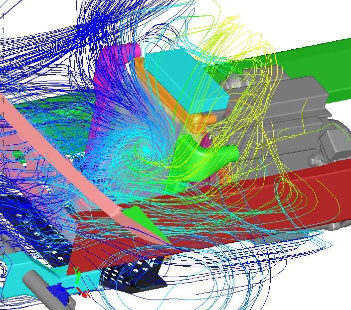 front of intercooler Path Lines coloured by Temperature ( C)