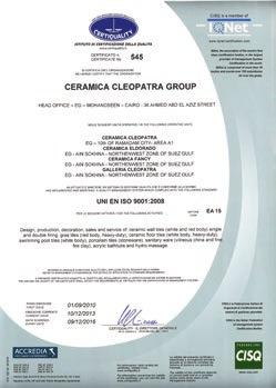 52 Ceramica Cleopatra Group Technical features CERAMIC WALL TILES FINAL PRODUCTS SPECIFICATIONS CERTIFICATE the quality Ceramica Cleopatra Group obtains ISO 9001 certification for its Quality System.