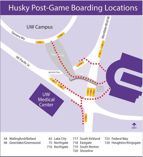 Figure 1 Location of Park and Ride buses, Boats Boat Shuttles In, guests could anchor their private vessels in Union Bay and a boat shuttle service would assist them in getting to Husky Stadium.
