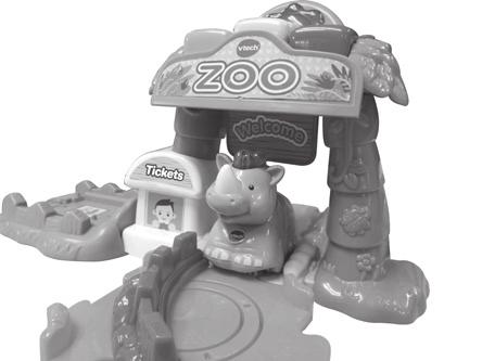 3. Push the rhino through the zoo entrance to activate the FLIP-UP BOARD to hear fun sounds and short tunes. The light will flash with the sounds. 4.