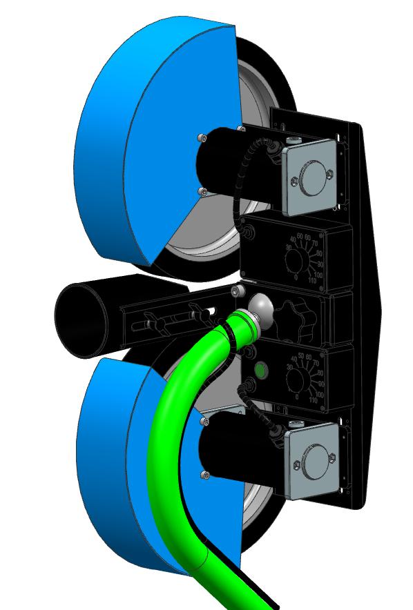 placing the included rubber washers between the guards and the motors. Figure 4: Install the wheel guards (shown in blue for clarity) onto the square motor flanges using 3 socket head cap screws each.