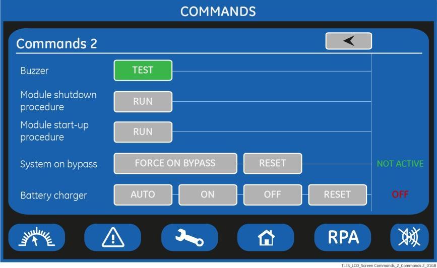 COMMANDS 2 SCREEN Allows the user to execute UPS operation commands. Buzzer TEST Acoustical alarm test (acoustical alarm should be always activated).