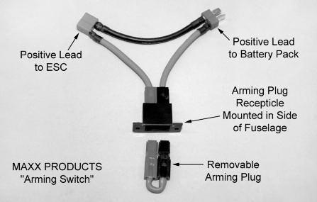 The most common arming switches are a simple external plug that puts a break in the positive battery lead to the motor, such as the Maxx Products Arming Switch shown below.