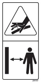 The types of safety signs and locations on the equipment are shown in the illustrations that follow.