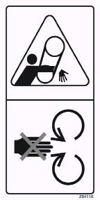 The types of safety signs and locations on the equipment are shown in the illustrations that follow.