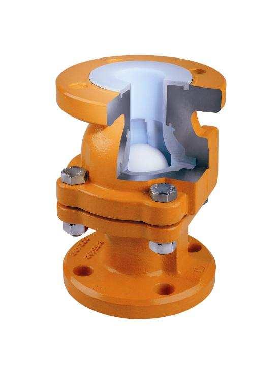 XOMOX Fully Lined Ball Check Valve, Type B201 (DIN) B202 (ASME) B203 (JIS) Design Features & Benefits Robust, two-piece body design in ductile iron EN-JS1049 RAL 2009, FV7133, AY-PUR-coated body