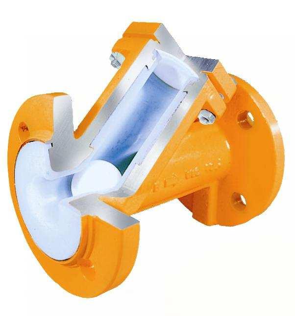 XOMOX Fully Lined Flanged Ball Check Valve (45 ), Type B101 / B102 / B103 Type B101 Flanges as per DIN PN 10-16 Type B102 Flanges as per ASME Class 150 Type B103 Flanges as per JIS 10 K Suitable for