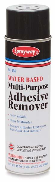 ADHESIVE REMOVER This multi-purpose spray removes adhesives from glass, Plexiglas, vinyl and poly banners, painted aluminum, auto paint, and many other surfaces.