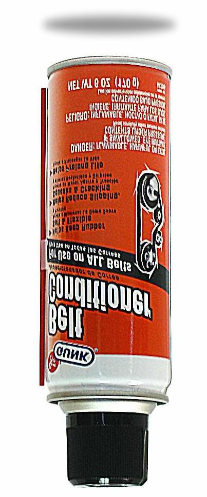 BELT DRESSING This belt dressing aerosol by Gunk can dramatically increase the life of your motors and machines with just a few sprays.