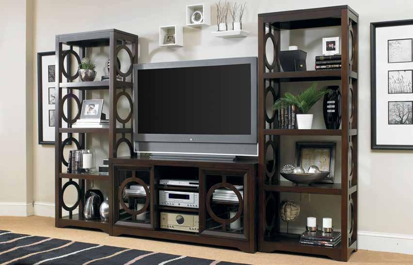 consoles accommodating 60 (152 cm) and some 65 (165 cm) TVs KINSEY Hardwood Solids, Quartered Walnut Veneer 5066-55402 Entertainment Console Two sliding glass doors with circle fretwork