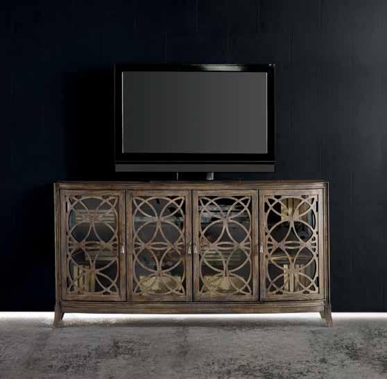 MÉLANGE Hardwood Solids with Alder Veneer and Seeded Glass 638-55010 Sloan Console Two wood frame glass doors with wood fretwork and two adjustable shelves behind each door, two center