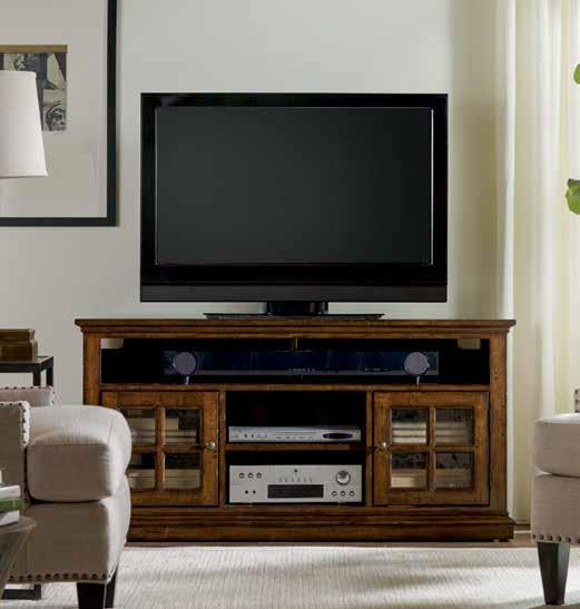500-55-119 Entertainment Console Hardwood Solids Two drawers with drop front; two sets of doors with one adjustable shelf behind each set of doors; one infrared eye; one three plug outlet 58 1/4W x