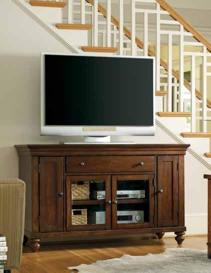 WENDOVER Poplar Solids, Cherry Veneer & Light Physical Distressing 1037-56470 Entertainment Console Two open areas; two wood-framed beveled glass doors with one adjustable shelf behind each; one