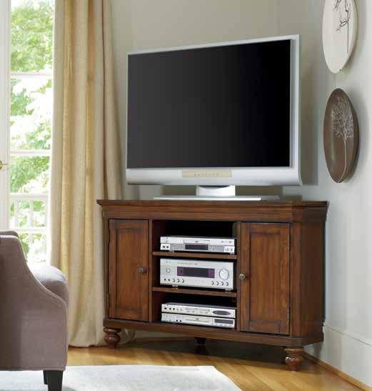 WENDOVER Poplar Solids, Cherry Veneer & Light Physical Distressing 1037-56488 Corner Entertainment Console Two doors with one adjustable shelf behind each; two adjustable shelves in center section;