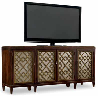 tv ready accents SORELLA Hardwood Solids & Hickory Veneers 5107-85001 Shaped Credenza Center drop-front drawer; two side swing out drawers; one adjustable shelf behind each of the two side doors; one