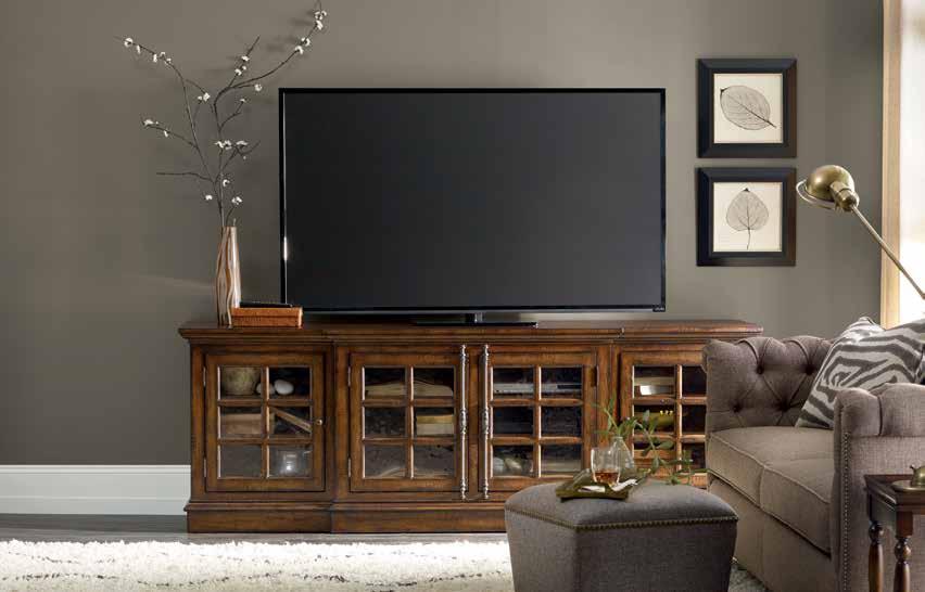 5339-55472 Entertainment Console Six drawers, one center channel speaker area with fixed partition in center, two wood frame beveled glass doors wtith one adjustable shelf behind each, one three plug