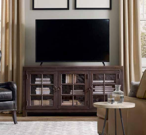 5463-55464-BLK Entertainment Console Rubberwood Solids with White Oak Veneer Three wood framed seeded glass doors, two adjustable wood shelves behind each door, one