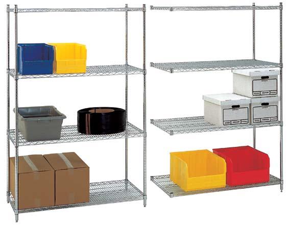 Chrome Stationary Wire Shelving Open wire construction reduces dust build-up, allows free light and air circulation, increases sprinkler effectiveness and improves visibility. Fast, easy to assemble.