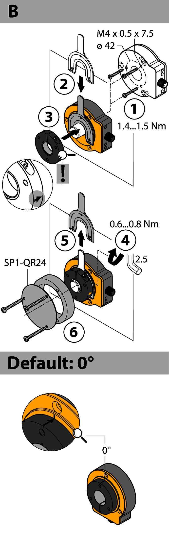 Wrong installation is hardly possible. The adjacent figure shows the two separate units, sensor and positioning element. Mounting option A: First, interconnect positioning element and rotatable shaft.