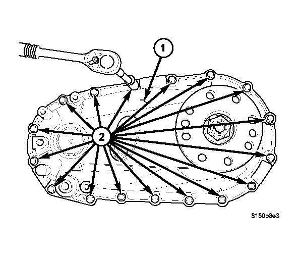 Fig. 41: Removing/Installing Rear Housing Bolts 1 - REAR HOUSING 2 - BOLTS 3 - FRONT HOUSING 27.