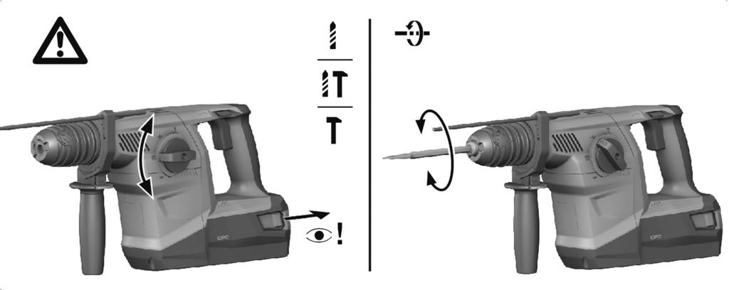 5.2.1 Function selector switch Set the function selector switch to the desired working position. Do not operate the function selector switch while the motor is running. Risk of damage! 5.2.2 Drilling without hammering Set the function selector switch to this symbol:.
