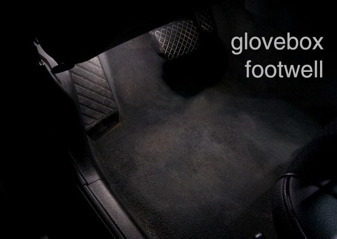 Glove Box and Footwell LEDs Glove Box Pry down the festoon light assembly from the top of the
