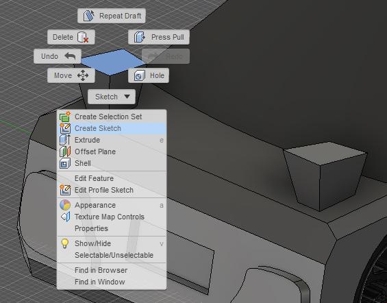 Select the top face on spoiler mount and create sketch.