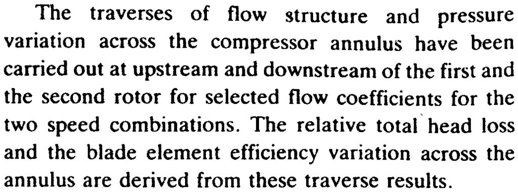 1 Traverse Results The traverses of flow structure and pressure variation across the compressor annulus have been carried out at upstream and downstream of the first and the second rotor for selected
