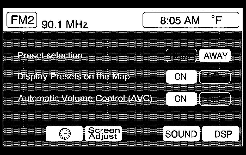 Main Audio Menu e/ z (Audio/Adjust): Press this key to view the main audio screen. Preset Selection: Here you can program the audio system s presets to recall your home settings by touching HOME.