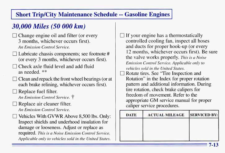 Short TripKity Maintenance Schedule -- Gasoline Engines 30,000 Miles (50 000 km) 0 Change engine oil and filter (or every 3 months, whichever occurs first). An Emission Control Service.