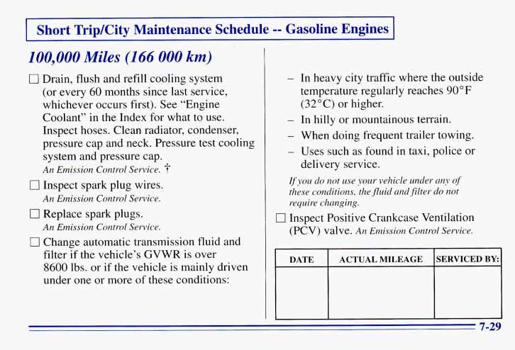 Short TripKity Maintenance Schedule -- Gasoline Engines 100,000 Miles (1 66 000 km) 0 Drain, flush and refill cooling system (or every 60 months since last service, whichever occurs first).