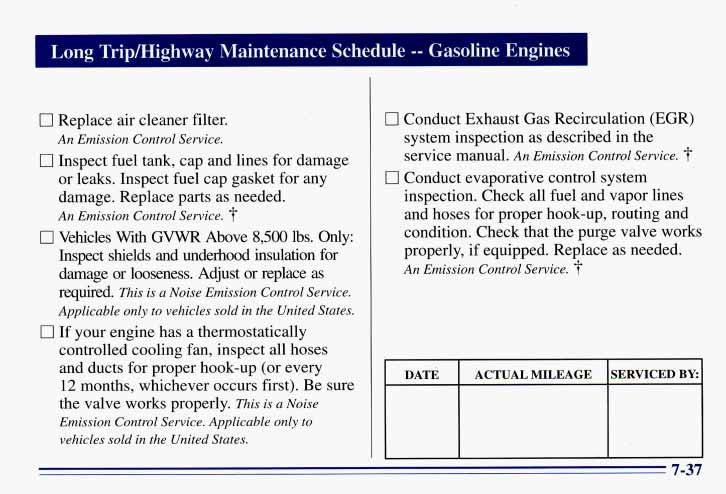 I Long Tripmighway Maintenance Schedule -- Gasoline Engines 0 Replace air cleaner filter. An Emission Control Service. 0 Inspect fuel tank, cap and'lines for damage or leaks.