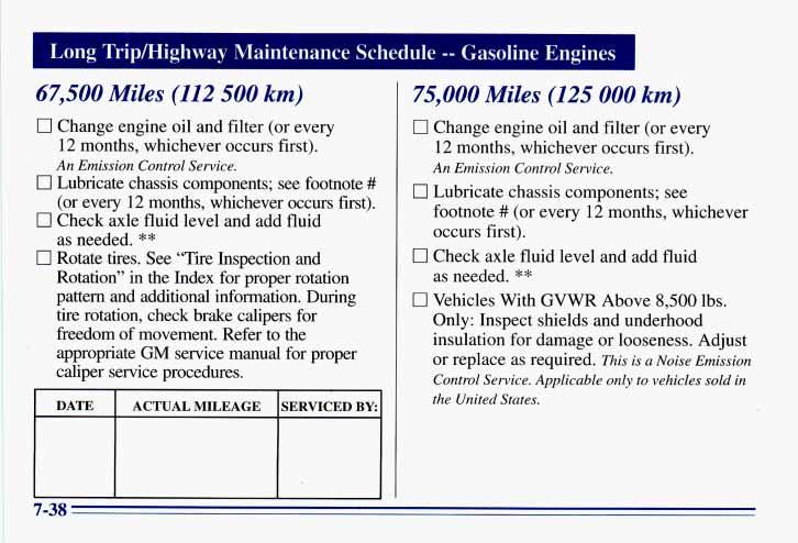 -- Gasolmt: 1 I Long Tripmighway Maintenance Schedule Engines 67,500 Miles (112 500 km) Change engine oil and filter (or every 12 months, whichever occurs first). An Emission Control Service.
