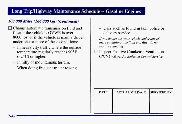 Long TripMighway Maintenance Schedule -- Gasoline Engines 100,000 Miles (I66 000 km) (Continued) 0 Change automatic transmission fluid and filter if the vehicle s GVWR is over 8600 lbs.