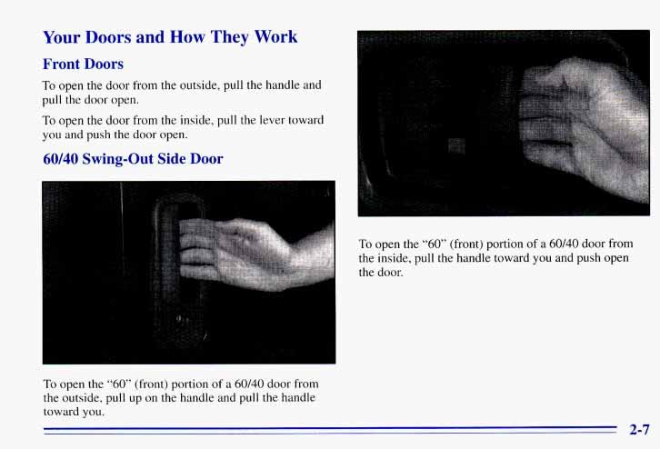 Your Doors and How They Work Front Doors To open the door from the outside, pull the handle and pull the door open. To open the door from the inside, pull the lever toward you and push the door open.