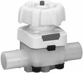 2 677 2/2 way diaphragm valve, manually operated d 20 110 / DN 15 100 PVDF-HP / diaphragm material PTFE d DN PN Weight Cv Order code Size mm psi lbs gpm inch White bonnet 20 15 150 1.54 6.