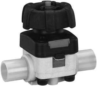 3 677 PP-HP valves 2/2 way diaphragm valve, manually operated d 20 63 / DN 15 50 PP-HP / diaphragm material PTFE d DN PN Weight Cv Order code Size mm psi lbs gpm inch Black bonnet: Body inliner PP