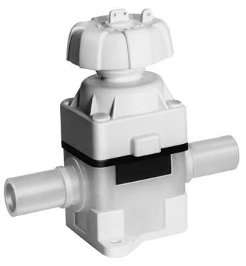 2 617 PVDF-HP valves 2/2 way diaphragm valve, manually operated, d 20 / DN 15 PVDF-HP / diaphragm material PTFE d DN PN Weight Cv Order code Size mm psi lbs gpm inch Valve body with butt weld spigots