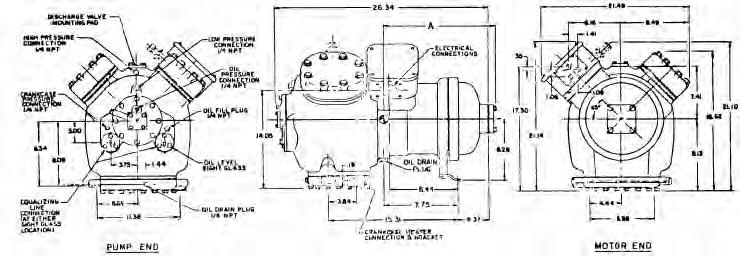Chillers & Condensers SEMI-HERMETIC CARLYLE 06E OUTLINE DRAWING 4 CYLINDER 06E( )150 06E( )250 06E( )266 MOTOR HORSEPOWER 15 20