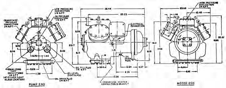Chillers & Condensers SEMI-HERMETIC CARLYLE 06E OUTLINE DRAWING 6 CYLINDER 06E()265 06E()175 06E()275 MOTOR HORSEPOWER 25 25 30 NO. OF CYLINDERS 6 6 6 BORE AND STROKE (in.) 2.688 x 1.980 2.688 x 2.
