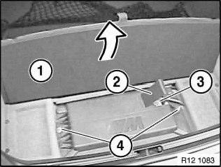 Battery in luggage compartment under floor trim panel Fold back floor trim panel (1). Lift cover (2) on battery negative lead. Disconnect and cover battery negative lead (3).
