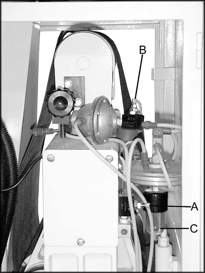 The air pressure that flows into the filter can be adjusted with the knob (A), Figure 2. Normal working air pressure should be set at 75 psi, which can be read on the pressure gauge. Figure 3 8.