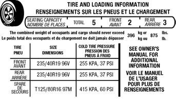 the vehicle s Tire and Loading Information label or Safety Compliance Certification
