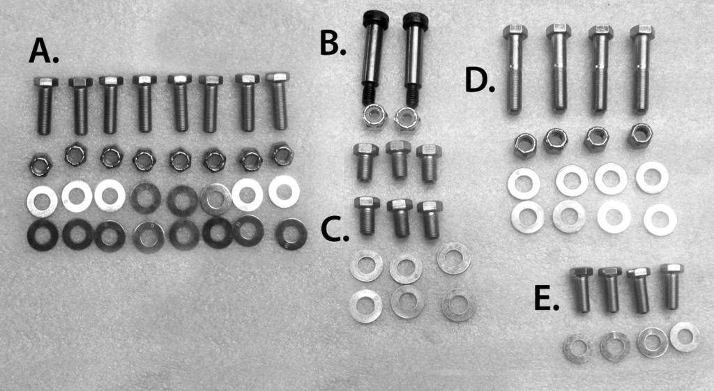 Sub Frame Hardware Kit Checklist A. (8) Transmission Crossmember 3/8 x 1 1/4, washers, Nylock nuts B. (2) Upper shock mount ½ x 1 ¾ Shoulder bolt, 3/8 Nylock nuts C.