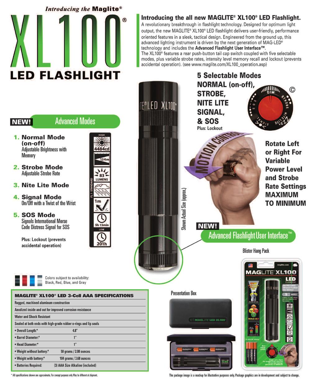 XL100 AAA-CELL LED New MULTI-MODE Advanced Flashlight User Interface Introducing the Maglite Rotate Flashlight Left or Right to Vary Power Level and Strobe Rate.