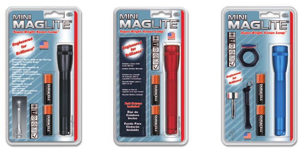 AA Combo Package Includes: Mini Maglite 2-cell AA Flashlight, lens holder/anti roll device, lens set (red, blue, & clear), wrist lanyard, pocket clip & two AA-cell premium alkaline batteries.