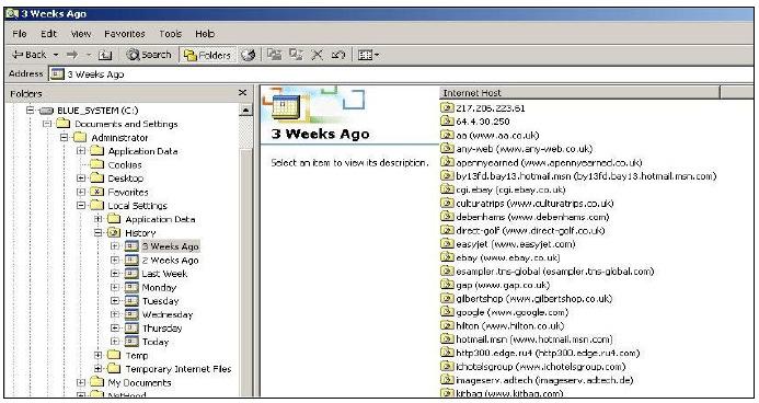 Slika 17 Struktura foldera Internet History u Windows XP mašini Vidi se da sistem deli foldere na dnevne i nedeljne istorije.